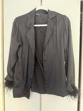Silky Black Blouse with Feather Cuffs - Women's Top